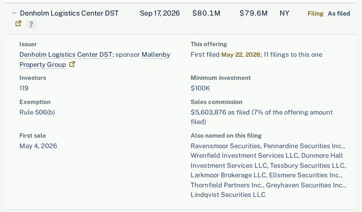 One of its deals opened to the Form D as filed: investors, minimum, exemption, sales commission and the other firms the filing names as paid to sell.