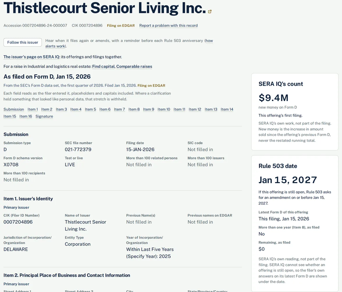A Form D filing's page in SERA IQ: SERA IQ's count and the Rule 503 date beside the filing as filed.