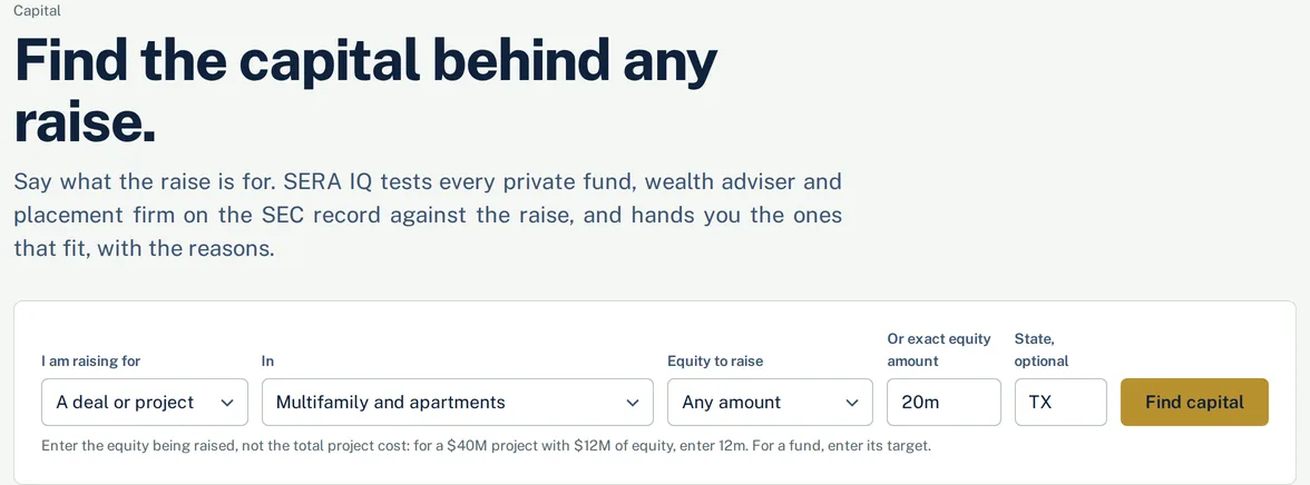 The Find capital form: the kind of raise, the asset class, the equity to raise and the state.