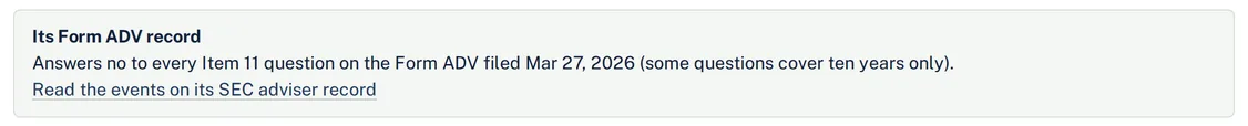 An adviser's Form ADV record on its SERA IQ firm page: its Item 11 answers as filed, with the date of the filing.